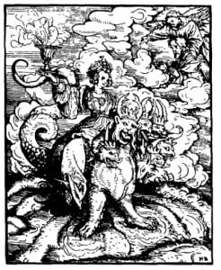 Семиглавый дракон Апокалипсиса с великой блудницей Вавилон. Ганс Бургкмайр, 1523 г.